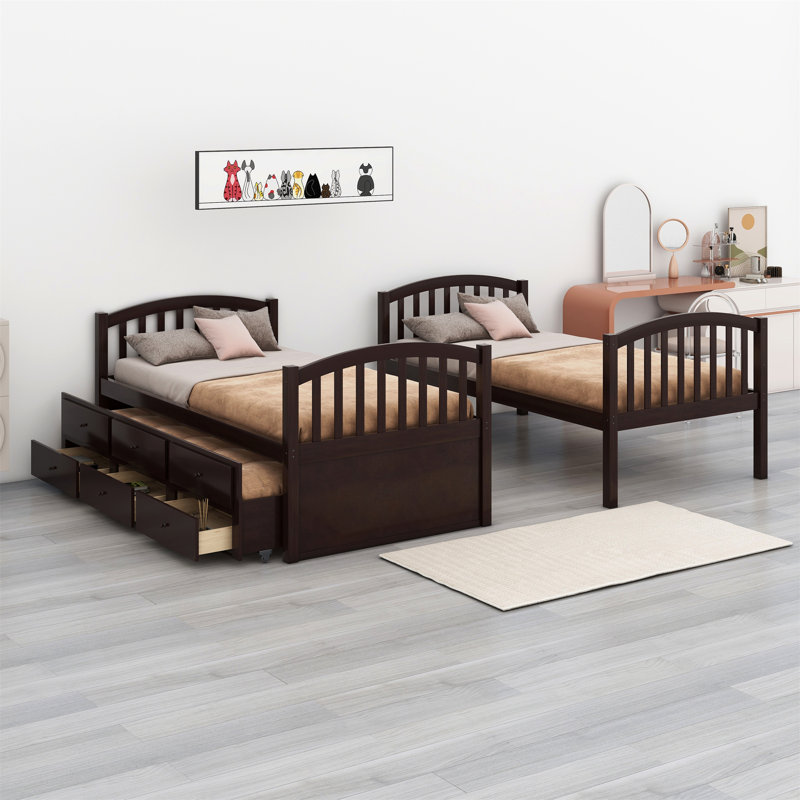 Bunk Bed With Ladder,Safety Rail,Trundle And Drawers