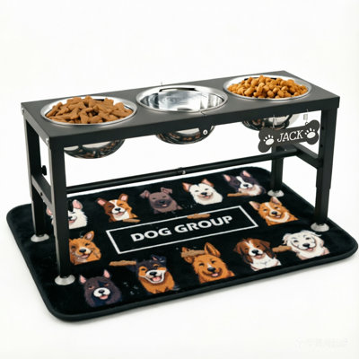 3-Adjustable-Height Metal Elevated Dog Bowls Stand for Large Dogs with Mat & Three 58oz Food Water Bowls