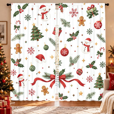 Imprimé de bonhomme de neige en forme de sapin de Noël festif 2 pièces, tissu transmettant la lumière, protection de la vie privée, conception avec passe-tringle, lavable à la machine, convient au salon, à la chambre à coucher, au balcon, à la cuisine, aux rideaux de décoration intérieure, aux fêtes