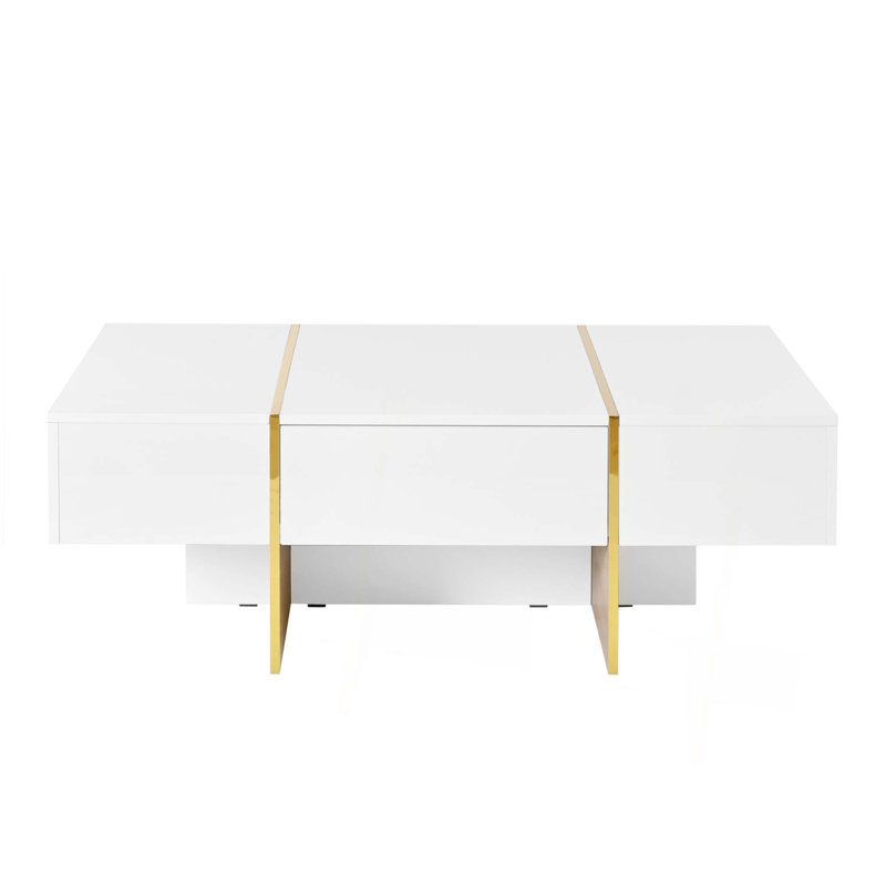 Table basse minimaliste ultra brillante avec 2 tiroirs, table de canapé rectangulaire à plusieurs rangements avec pieds en grain de bois doré, table centrale moderne pour le salon