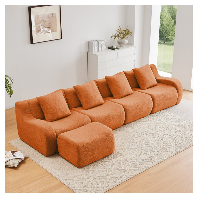 Canapé modulaire en tissu avec repose-pieds Teddy, Orange moelleux