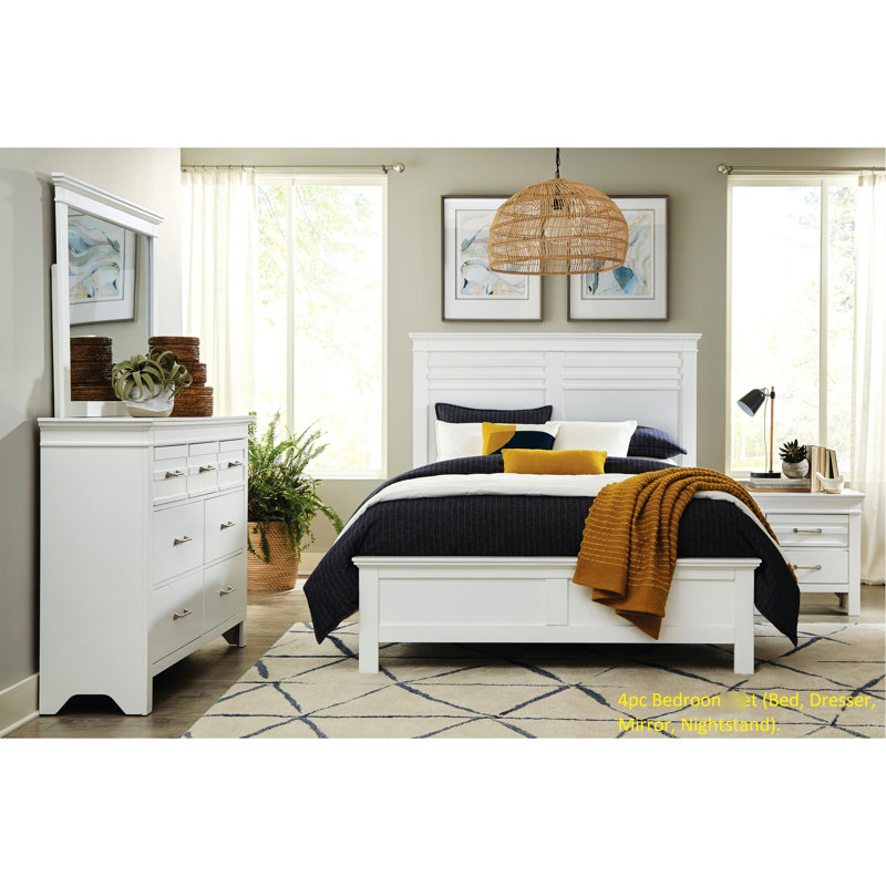 White Finish Queen Bedroom Bed - Transitional Panel With Headboard & Rails In Design Wood Headboard,, White, Queen