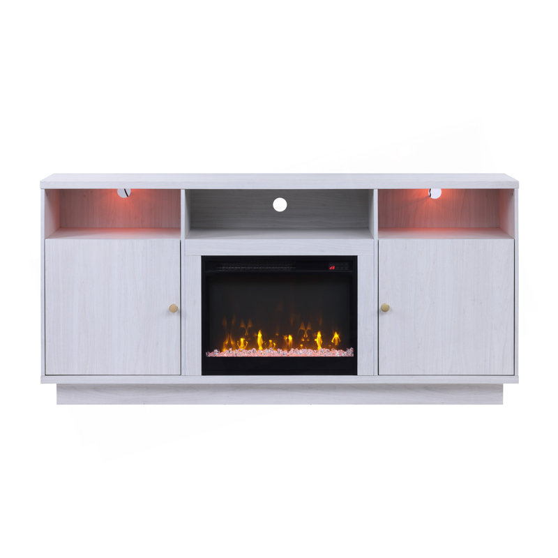 Console 70 po avec foyer, lumière DEL, armoires et tablettes, White