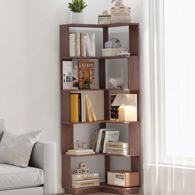 Bibliothèque de coin autoportante en forme de L, bibliothèque en bois avec panneau anti-chute et dispositif anti-basculement, tablette de présentation pour bureau personnel