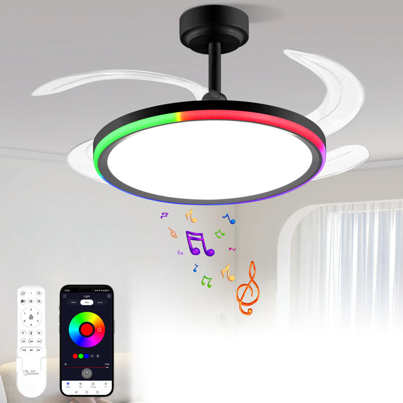 42-inch Smart Retractable Ceiling Fan Light Breathtaking lighting effects, full-color RGB dimming strip with memory function, Bluetooth speaker, and convenient control via app or remote. Features a 6-speed reversible fan for quiet, tech-powered cooling