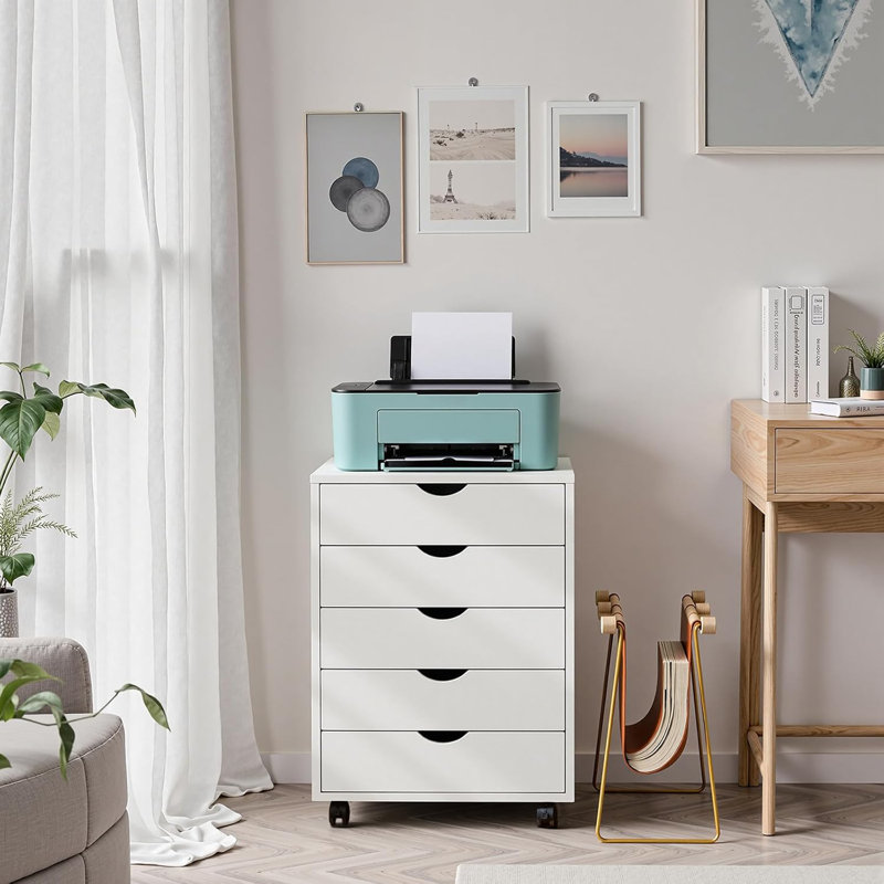 5 Drawer Mobile File Cabinet Under Desk Storage Organization With Wheels Vertical Filing Chest Rolling Wood Small Desk Printer Stand For Home Office, 15.75"D X 18.74"W
