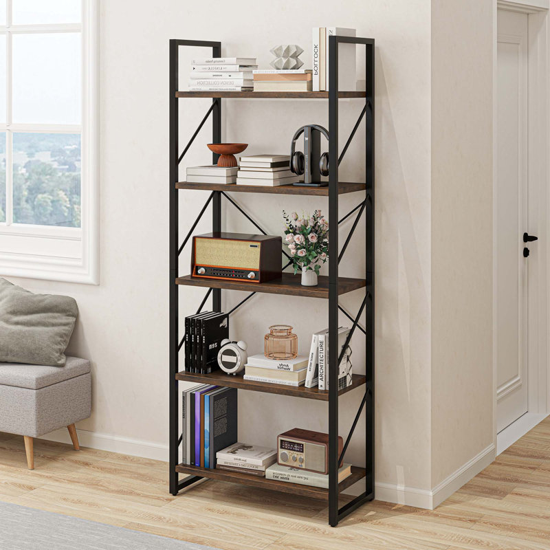 Bibliothèque moderne 5 niveaux, Brun rustique, H 62,2 po x l 23,58 po x P 11,81 po
