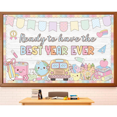 Ensemble de babillards Groovy Back To School - «Ready To Have The Best Year Ever», décorations de classe, découpes pastel de pommes et de crayons, tableau inspirant du premier jour d'école, décoration murale et de porte