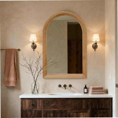 Miroir mural arqué avec cadre en bois, miroir décoratif rustique pour salle de bain