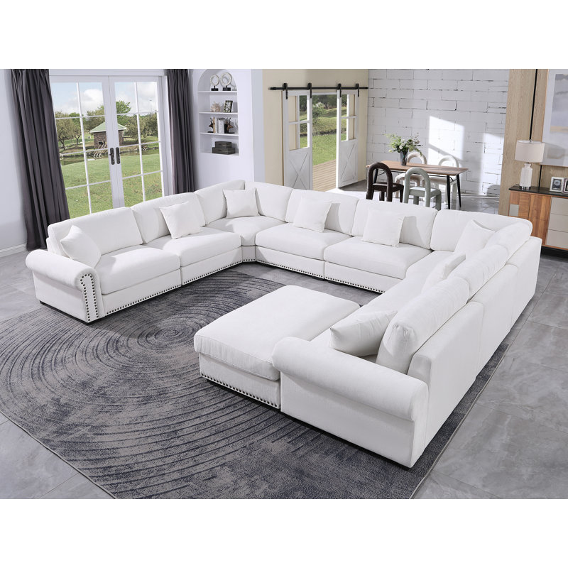 Grand canapé modulaire modulaire en chenille à 9 places avec accoudoirs cloutés et canapé, Chenille blanche