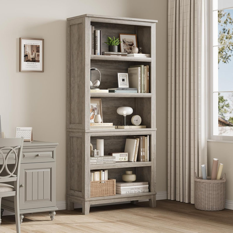 71" Farmhouse Bookcase with Adjustable Shelves - Rustic 5-Tier Bookshelf for Living Room, Office & Library, 31.5" Wide, Gray