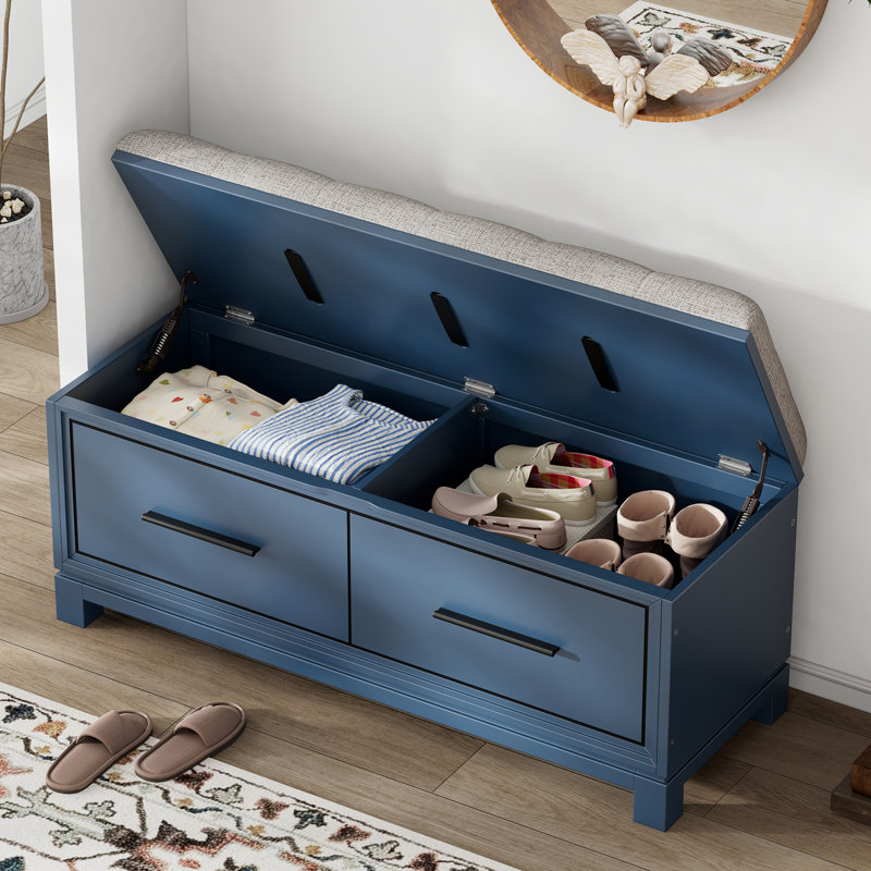 43" Wide Shoe Storage Bench With Cushion Entryway Bench Flip Top Storage Bench, Navy