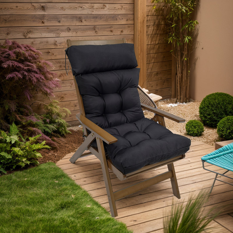 Waterproof Outdoor Adirondack Chair Cushion With Ties - Thick High Back Rocking Chair Pad For Patio, Black Polyester