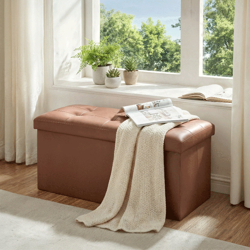 30" Upholstered Folding Storage Ottoman, PU Leather Tufted Footrest End of Bed Bench with Padded Seat, Brown