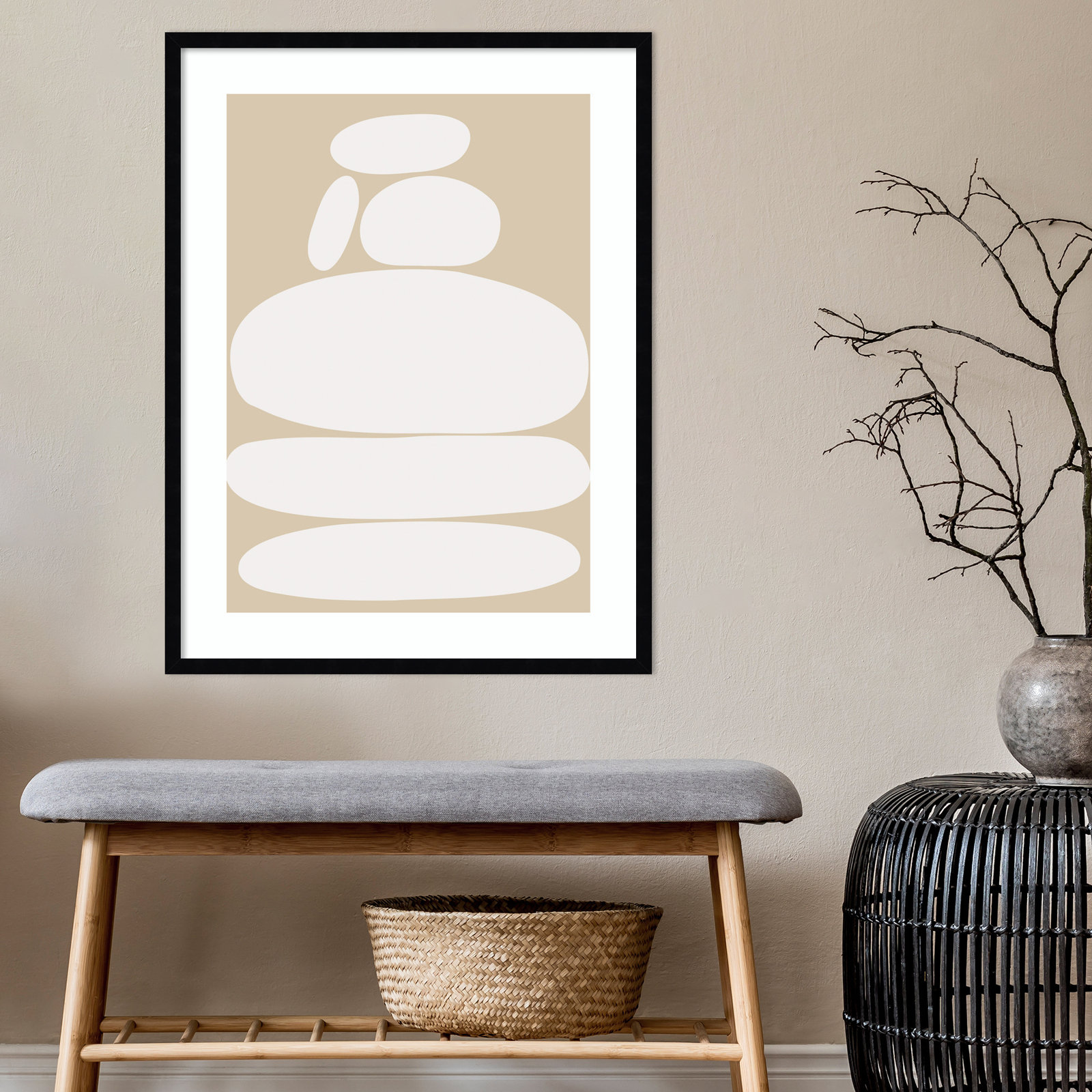 Zen River Rocks Neutral Print, Black Framed, 33" H x 25" W