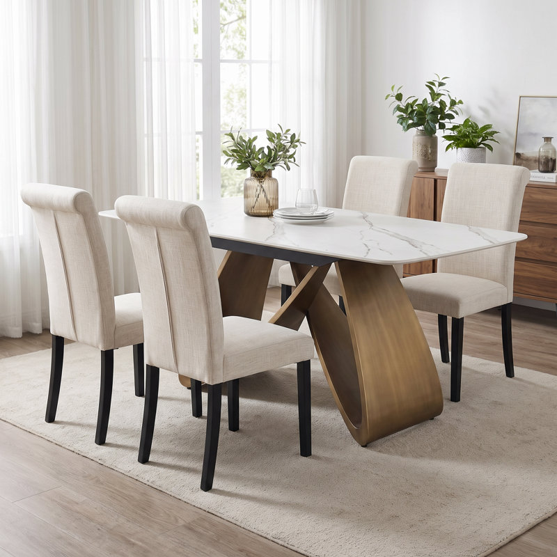 Ensemble de salle à manger 5 pièces en pierre frittée de 65 pouces avec 4 chaises en lin, 30" H x 65" W x 33" D