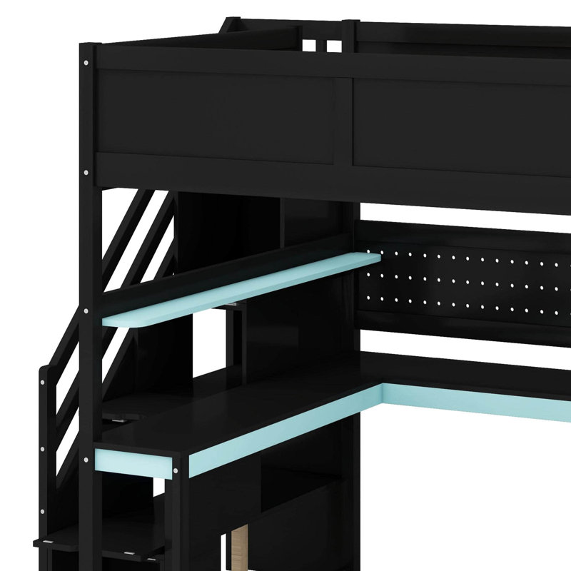 Lit mezzanine en bois avec escalier de rangement, bureau, tablettes et panneau perforé, style Esports peu encombrant