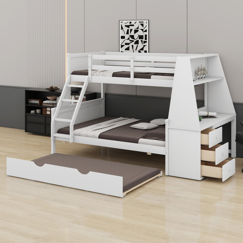 Lit superposé avec lit gigogne et bureau intégré, trois tiroirs de rangement et une tablette, Blanc