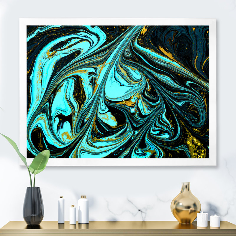 Art abstrait marbré turquoise abstrait - décoration murale moderne en toile, H 24 po x l 36 po x P 1 po, Cadre photo blanc