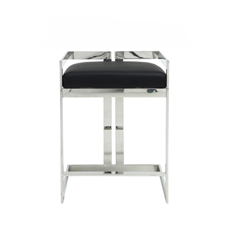 Upholstered Counter Stool, Black Genuine Leather, Silver