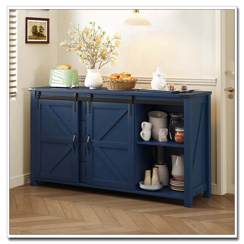 Buffet en bois 55,1 po avec portes de grange coulissantes et 4 tiroirs, table en bois avec prise de courant, Marine