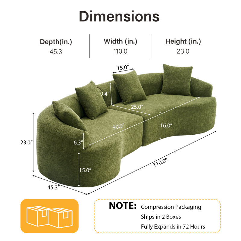 Chenille Boneless Curved Sofa, Left-right Symmetrical Design, Luxurious 4-seater Living Room Sofa, Green