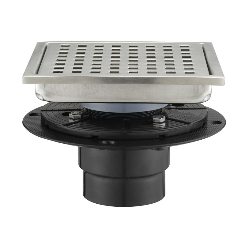 Drain de plancher de douche carré 6 po avec couvercle en acier inoxydable nickel brossé, Nickel brossé