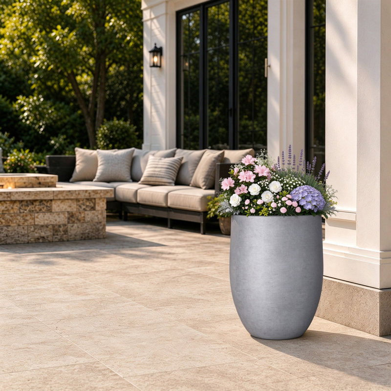 Pot à fleurs / pot rond en béton avec trous de drainage, Gris naturel