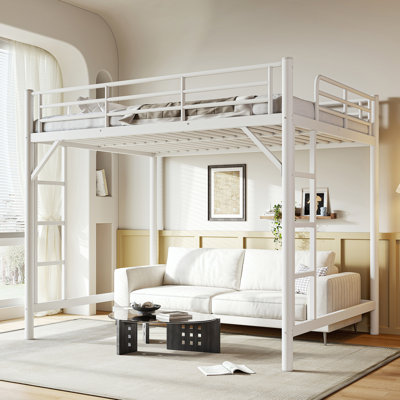 Queen Loft Bed with Ladders, Metal Loft Bed Queen for Adults, Teens, Kids, Ample Under-bed Spaces and No Box Spring Needed,White