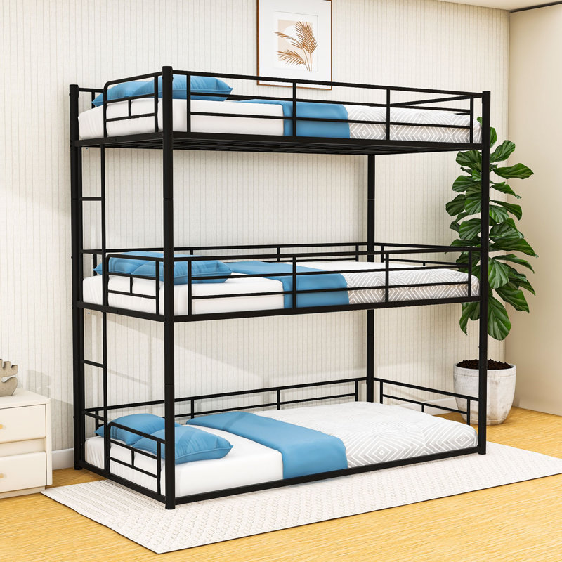 Metal Triple Bunk Bed with Full-Length Guardrails, Quiet Slat Support System, Twin Over Twin Over Twin, Black