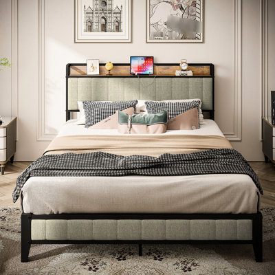 Queen Bed Frame With Metal Base & Charging, Grey Upholstered Headboard - Bedroom Tender Platform Bed, Headboard, Charging Feature Delighted