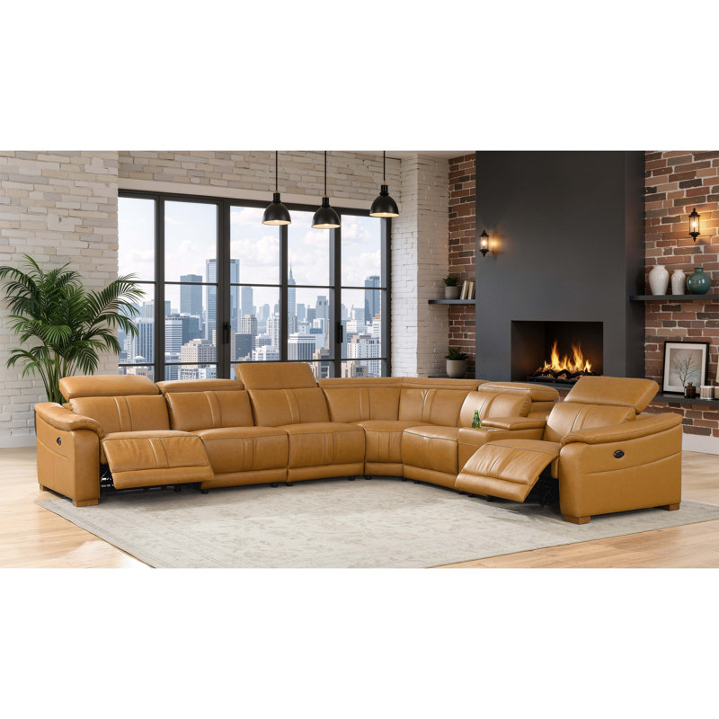 Canapé modulaire en cuir avec siège inclinable et appui-tête réglable et console de rangement avec porte-gobelets, Ginge