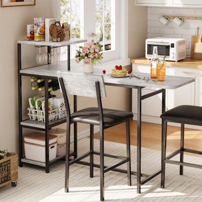 Ensemble de table de salle à manger extensible 3 pièces pour 2 personnes - Table de bar peu encombrante avec tablettes de rangement, porte-bouteilles et tabourets en cuir synthétique - Petit coin-repas pour appartement ou salon, gris