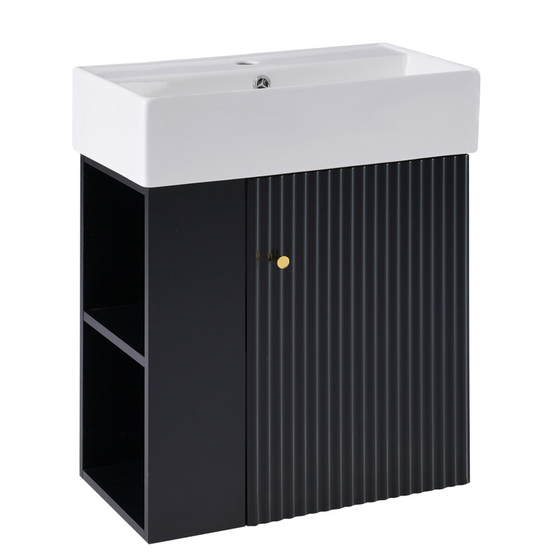 Meuble-lavabo moderne avec lavabo en céramique et porte à motif de vagues, Noir, noir, noir, noir