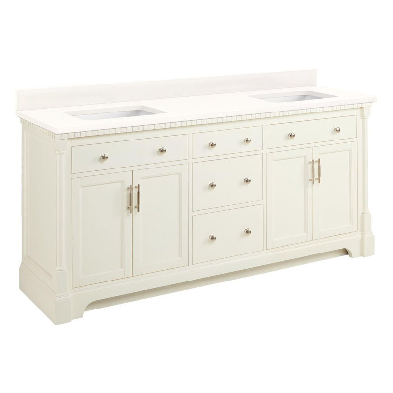 Claudia 72" Freestanding Mahogany Double Basin Vanity Set with Cabinet, Vanity Top, Arctic White Quartz, No Faucet Hole