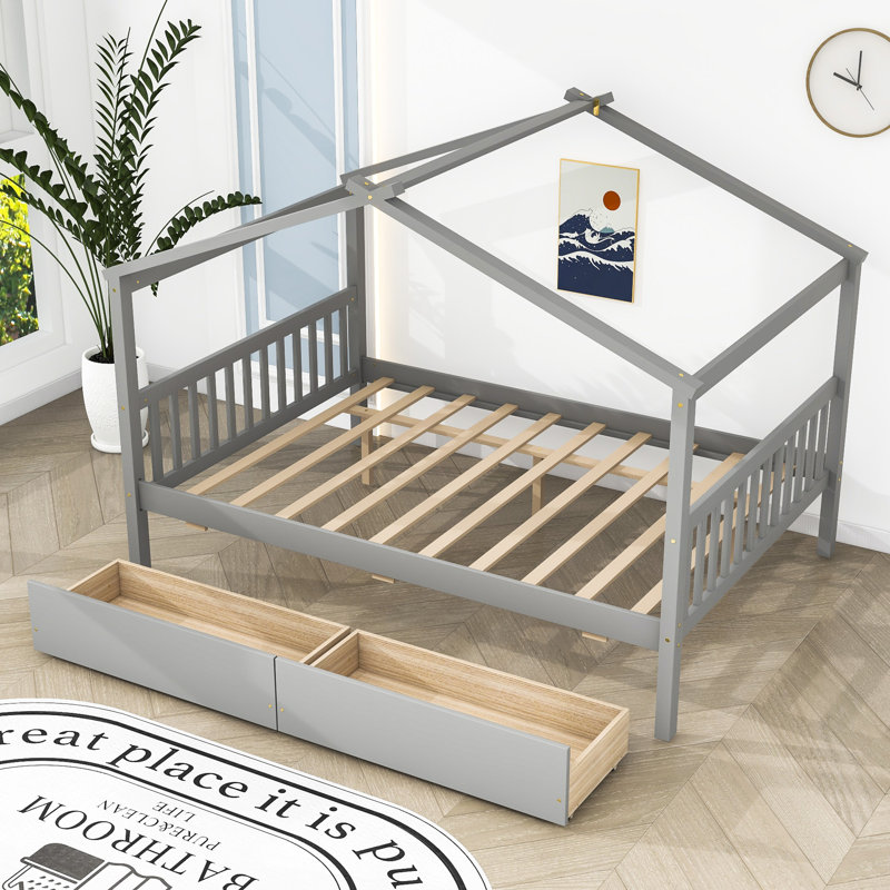 Souris Wood Daybed with 2 Big Drawers, Gray, Full