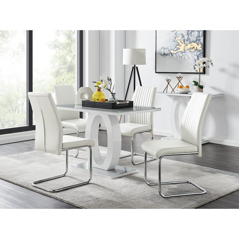 Scottsmoor Modern High Gloss Halo 4 Seater Dining Table Set with Luxury Faux Leather Dining Chairs, White, Gray/White
