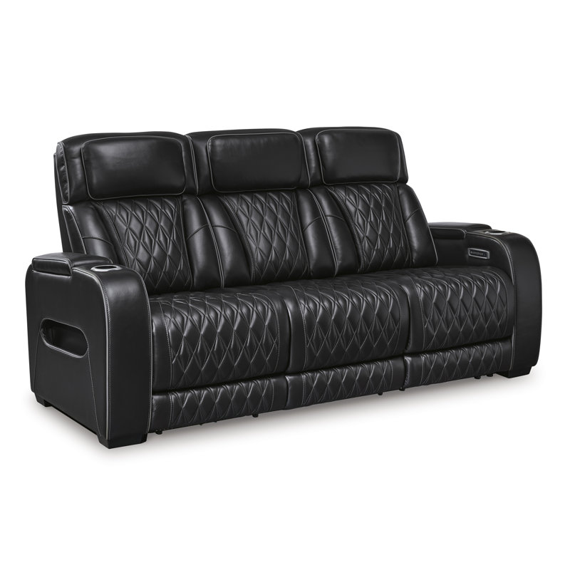 Black Leather Power Reclining Sofa with Cup Holder