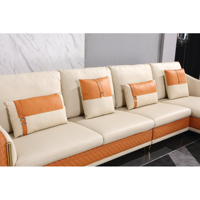 Icaro Sectional, Right Hand Facing, Off White/Orange Genuine Leather