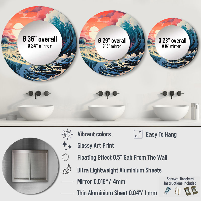 Dramatic Ocean Waves II - miroir bord de mer, miroir mural rond corail, impression d'art en métal, 29 po x 29 po