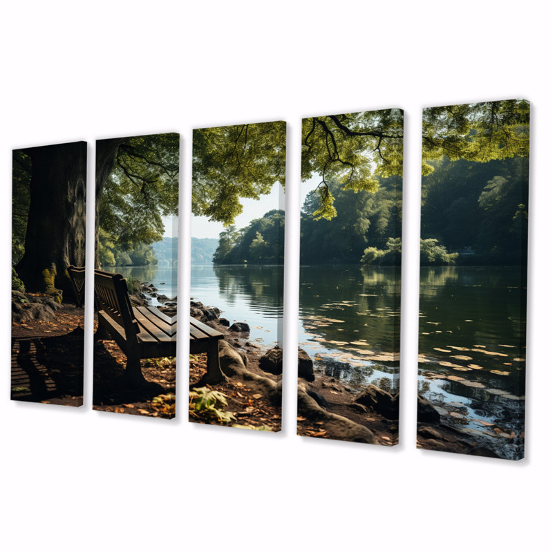 «Lakehouse Bench Relaxation I», reproduction d'art murale Lakehouse - 5 panneaux égaux