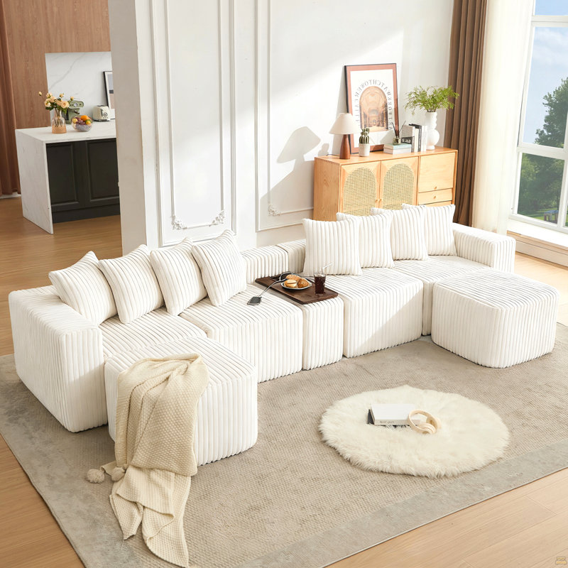 Canapé en U de 137,5 po, charge USB et sans fil, table basse avec porte-gobelet, Beige