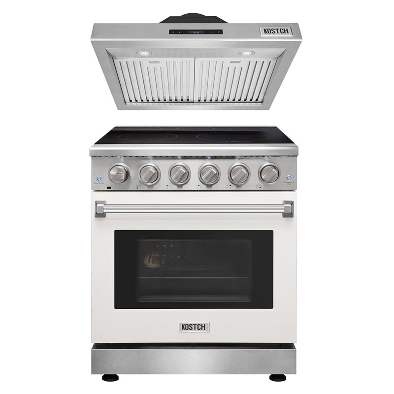 KOSTCH 30 inch Electric Range with 5 Heating Elements Cooktop, 4.55 Cu. Ft. Convection Oven Capacity & 30 inch Wall-Mounted Range Hoods with 1000 CFM & LED lights, in Stainless Steel(White)