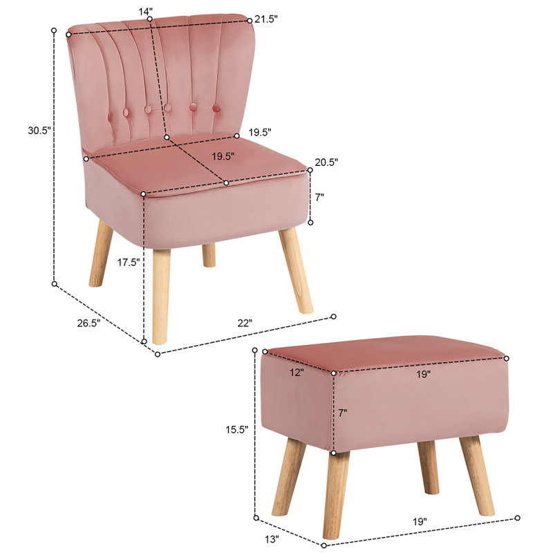 Abarca Velvet Slipper Chair with Ottoman, Pink