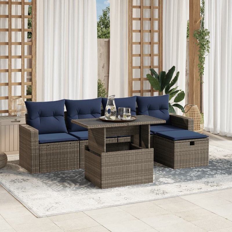  Ensemble de canapé de patio 6 pièces avec coussins en rotin de polyester, Gris, Bleu