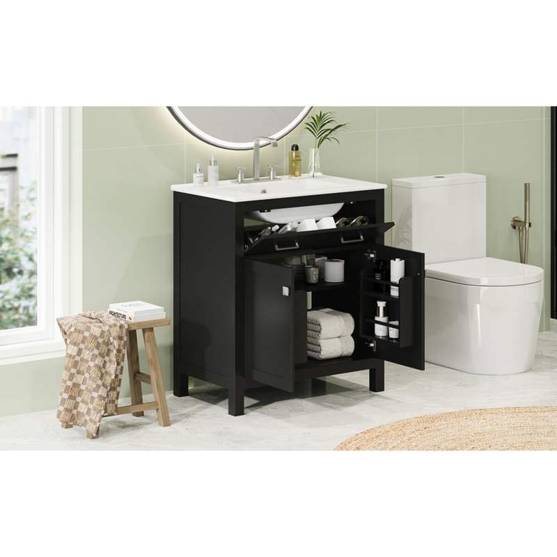 Meuble-lavabo de 30 po avec lavabo en céramique, armoires noires modernes, 2 portes et tablette spacieuse pour une conception efficace