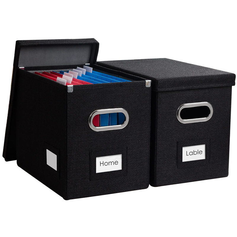 File Organizer Box - Set Of 2 Collapsible Decorative Linen Filing Storage Hanging File Folders With Lids Office Cabinet Letter Size Black (14X9.3X10.8 Inch)