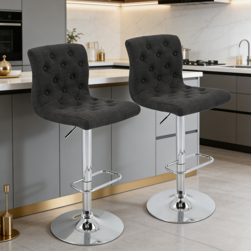 Tufted Fabric Bar Stools Set of 2, Adjustable Swivel Counter Height Barstools with Back, Upholstered Armless Airlift Bar Chairs for Kitchen Dining Cafe