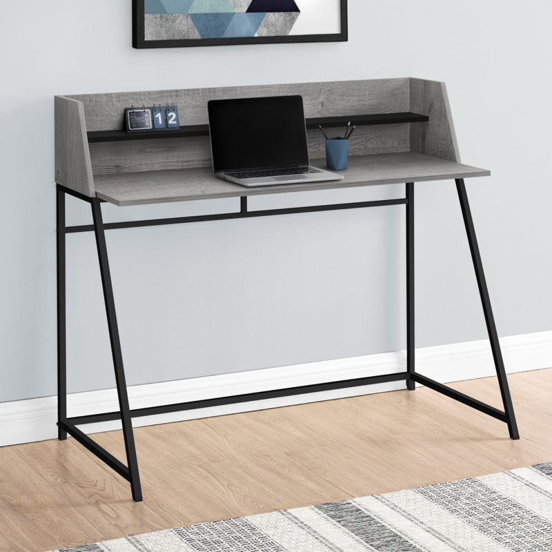 Contemporary Grey Laminate Computer Desk With Storage Shelves And Sturdy Black Metal Base For Home Office, Gray/Black