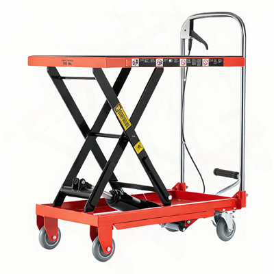 Chariot de table à levage hydraulique, capacité de charge de 500 lb, hauteur de levage de 28,5 pouces, table de levage à ciseaux simple avec patins antidérapants et 4 roues, pour la manutention et le transport, rouge